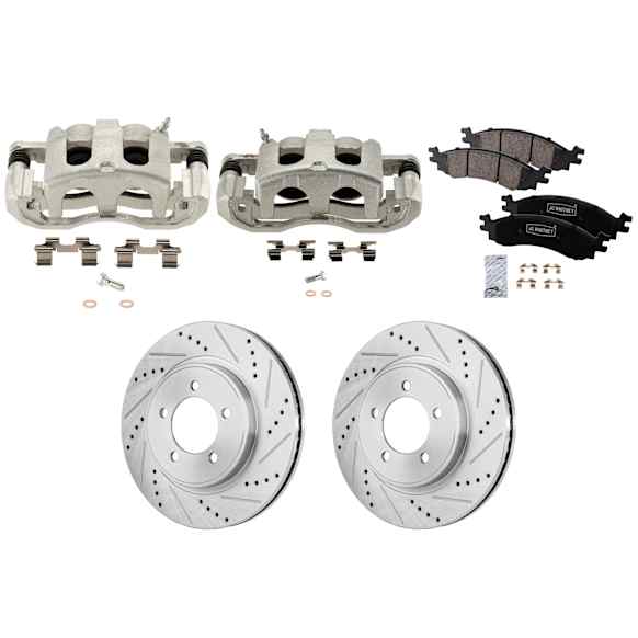 2-Wheel Set Front Brake Kit With Calipers, Cross-drilled and Slotted 5 Lugs 305 mm Ceramic, Includes (2) Caliper, (2) Disc, and (1) Pad Set