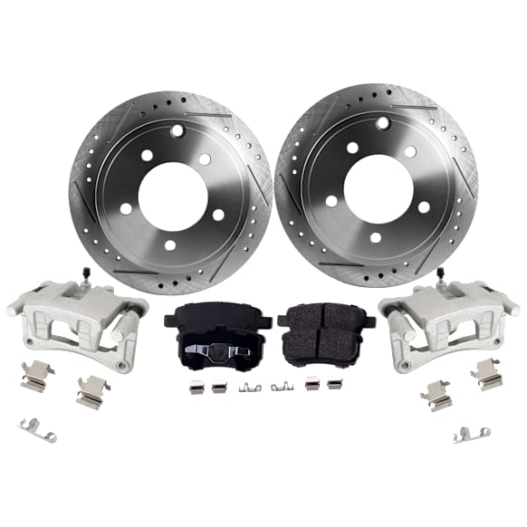 2-Wheel Set Rear Brake Kit With Calipers, Cross-drilled and Slotted 5 Lugs 262 mm Ceramic, Includes (2) Brake Caliper, (2) Brake Disc and (1) Brake Pad Set