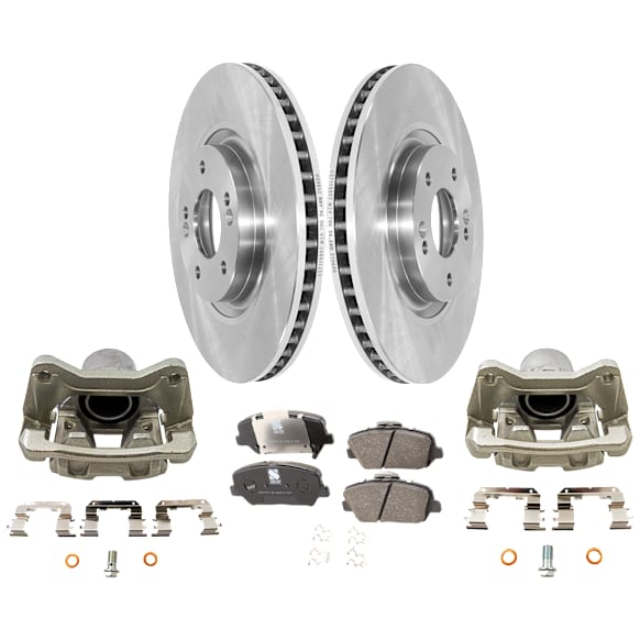 2-Wheel Set Front Brake Kit With Calipers, Plain Surface 5 Lugs 320.04 mm Ceramic FWD, Includes (2) Caliper, (2) Disc, and (1) Pad Set