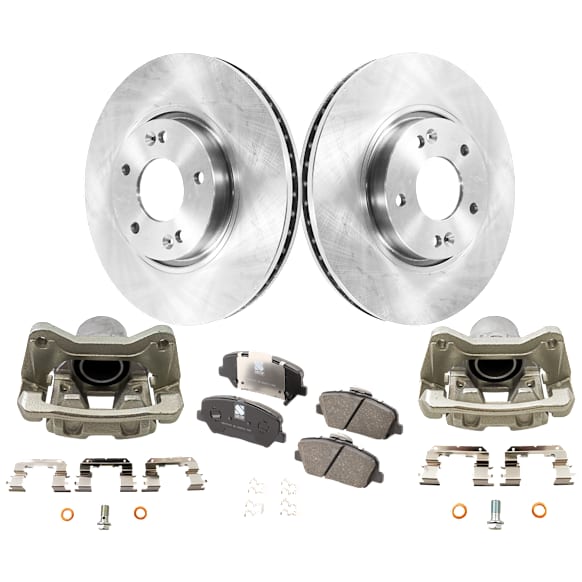 2-Wheel Set Front Brake Kit With Calipers, Plain Surface 5 Lugs 299.97 mm Ceramic FWD, Includes (2) Brake Caliper, (2) Brake Disc and (1) Brake Pad Set