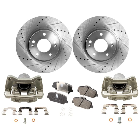 2-Wheel Set Front Brake Kit With Calipers, Cross-drilled and Slotted 5 Lugs 300 mm Ceramic FWD, Includes (2) Brake Caliper, (2) Brake Disc and (1) Brake Pad Set