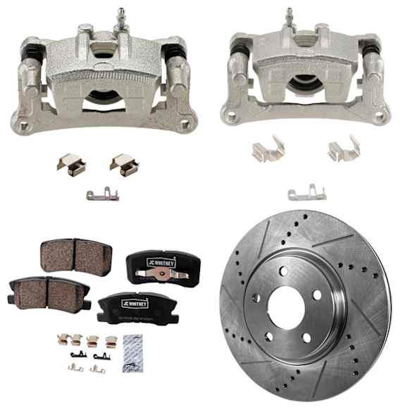 2-Wheel Set Rear Brake Kit With Calipers, Cross-drilled and Slotted 5 Lugs 302 mm Ceramic, Includes (2) Caliper, (2) Disc, and (1) Pad Set