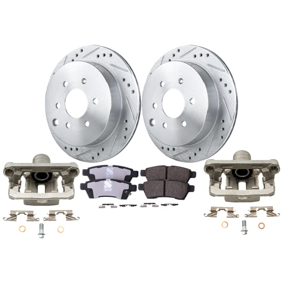 2-Wheel Set Rear Brake Kit With Calipers, Cross-drilled and Slotted 6 Lugs 286 mm Ceramic, Includes (2) Brake Caliper, (2) Brake Disc and (1) Brake Pad Set