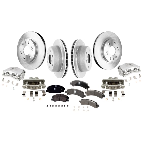 4-Wheel Set Front and Rear Brake Kit With Calipers, Plain Surface 6 Lugs Front-329.95 mm/Rear-329.69 mm Front-Ceramic/Rear-Semi-Metallic, Includes (4) Caliper, (4) Disc, and (2) Pad Set