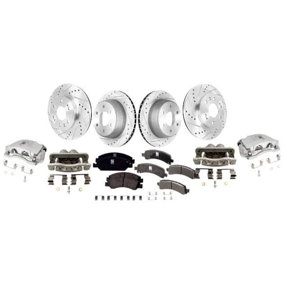 4-Wheel Set Front and Rear Brake Kit With Calipers, Cross-drilled and Slotted 6 Lugs Front-329.95 mm/Rear-329.69 mm Front-Ceramic/Rear-Semi-Metallic, Includes (4) Caliper, (4) Disc, and (2) Pad Set