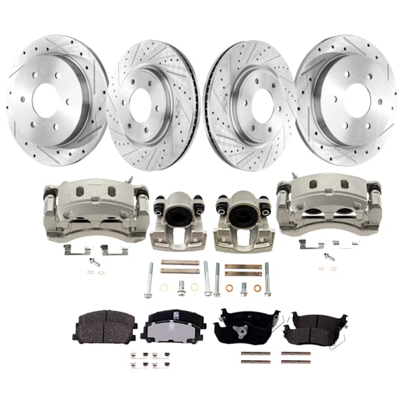4-Wheel Set Front and Rear Brake Kit With Calipers, Cross-drilled and Slotted 6 Lugs Front-350.01 mm/Rear-320.04 mm Front-Ceramic/Rear-Semi-Metallic, Includes (4) Caliper, (4) Disc and (2) Pad Set