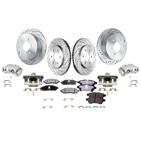 4-Wheel Set Front and Rear Brake Kit With Calipers, Cross-drilled and Slotted 6 Lugs Front-296 mm/Rear-286 mm Ceramic, Includes (4) Brake Caliper, (4) Brake Disc and (2) Brake Pad Set