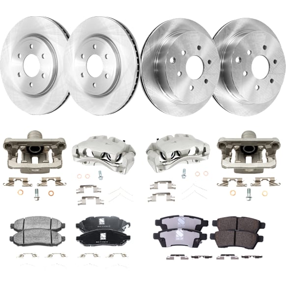 4-Wheel Set Front and Rear Brake Kit With Calipers, Plain Surface 6 Lugs Front-295.91 mm/Rear-286 mm Ceramic, Includes (4) Brake Caliper, (2) Brake Pad Set and (4) Brake Disc