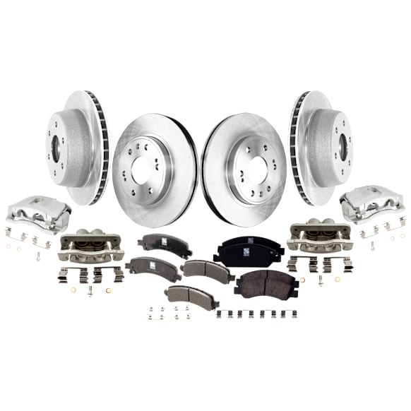 4-Wheel Set Front and Rear Brake Kit With Calipers, Plain Surface 6 Lugs Front-329.95 mm/Rear-329.69 mm Front-Ceramic/Rear-Semi-Metallic, Includes (4) Caliper, (4) Disc, and (2) Pad Set