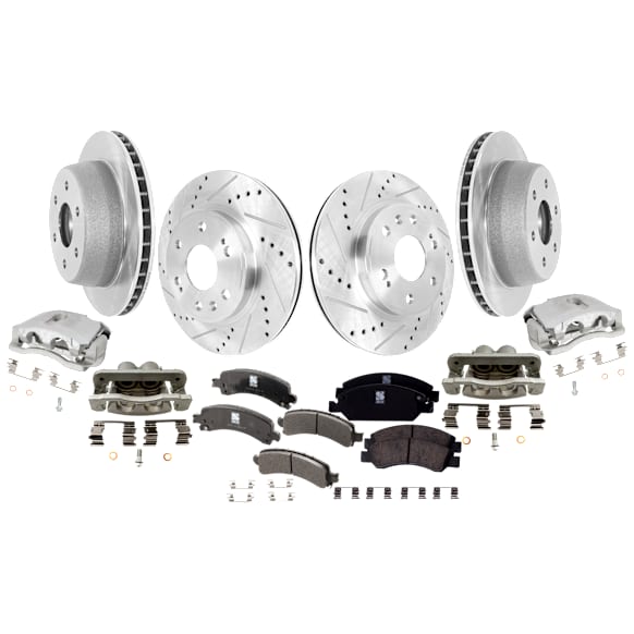 4-Wheel Set Front and Rear Brake Kit With Calipers, Front-Cross-drilled and Slotted/Rear-Plain Surface, 6 Lugs, Front-Ceramic/Rear-Semi-Metallic, Includes (4) Caliper, (4) Disc, and (2) Pad Set