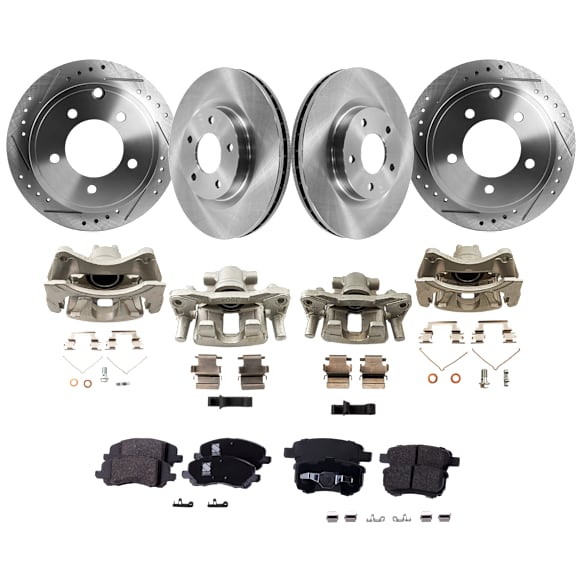 4-Wheel Set Front and Rear Brake Kit With Calipers, Front-Plain Surface/Rear-Cross-drilled and Slotted 5 Lugs Front-293.88 mm/Rear-262 mm Ceramic, Includes (4) Caliper, (4) Disc and (2) Pad Set
