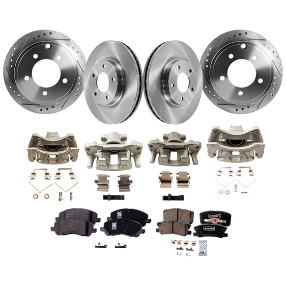 4-Wheel Set Front and Rear Brake Kit With Calipers, Front-Plain Surface/Rear-Cross-drilled and Slotted 5 Lugs Front-293.88 mm/Rear-262 mm Ceramic, Includes (4) Caliper, (4) Disc, and (2) Pad Set
