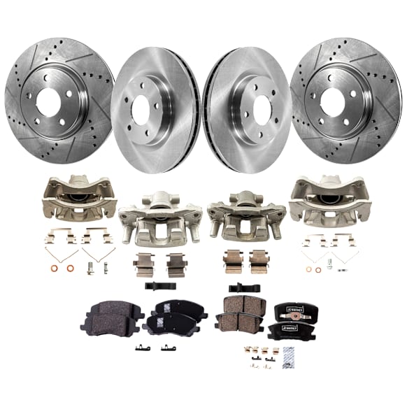 4-Wheel Set Front and Rear Brake Kit With Calipers, Front-Plain Surface/Rear-Cross-drilled and Slotted 5 Lugs Front-293.88 mm/Rear-302 mm Ceramic, Includes (4) Caliper, (4) Disc, and (2) Pad Set