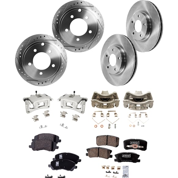 4-Wheel Set Front and Rear Brake Kit With Calipers, Front-Plain Surface/Rear-Cross-drilled and Slotted 5 Lugs Front-293.88 mm/Rear-262 mm Ceramic, Includes (4) Caliper, (4) Disc, and (2) Pad Set