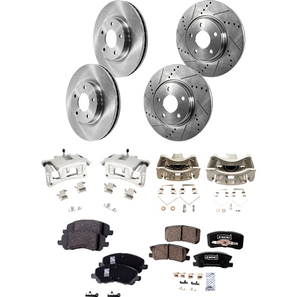 4-Wheel Set Front and Rear Brake Kit With Calipers, Front-Plain Surface/Rear-Cross-drilled and Slotted 5 Lugs Front-293.88 mm/Rear-302 mm Ceramic, Includes (4) Caliper, (4) Disc, and (2) Pad Set
