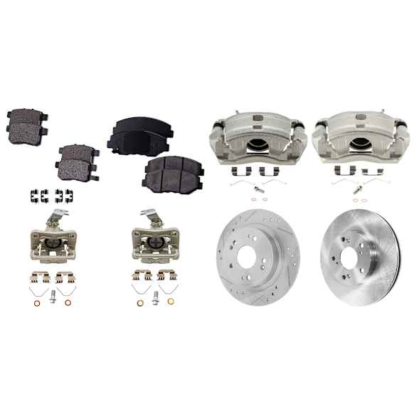 4-Wheel Set Front and Rear Brake Kit With Calipers, Front-Plain Surface/Rear-Cross-drilled and Slotted 5 Lugs Front-281.94 mm/Rear-281.69 mm Ceramic FWD, Includes (4) Caliper, (4) Disc and (2) Pad Set