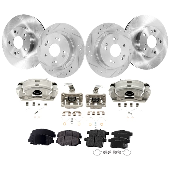 4-Wheel Set Front and Rear Brake Kit With Calipers, Front-Plain Surface/Rear-Cross-drilled and Slotted 5 Lugs Front-281.94 mm/Rear-281.69 mm Ceramic FWD, Includes (4) Caliper, (4) Disc and (2) Pad Set