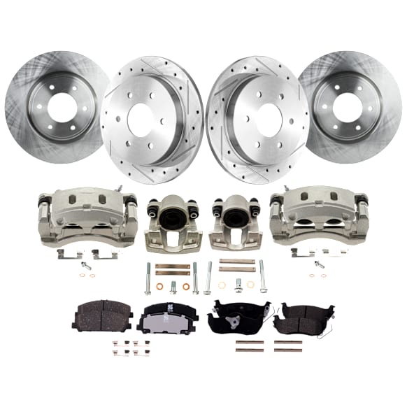 4-Wheel Set Front and Rear Brake Kit With Calipers, Front-Plain Surface/Rear-Cross-drilled and Slotted, 6 Lugs,  Front-Ceramic/Rear-Semi-Metallic, Includes (4) Caliper, (4) Disc and (2) Pad Set