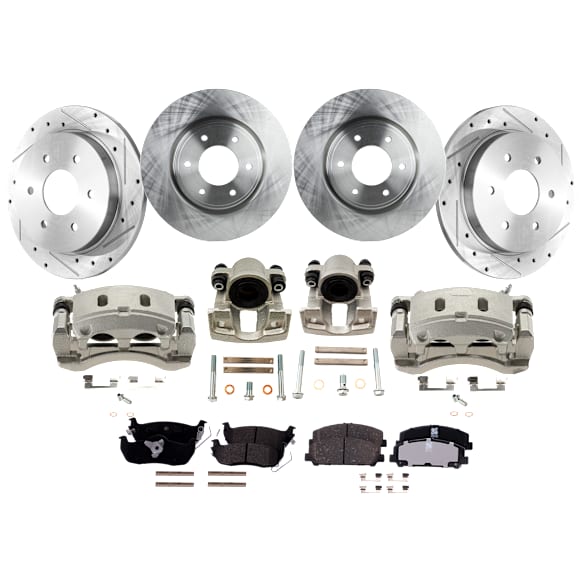 4-Wheel Set Front and Rear Brake Kit With Calipers, Front-Plain Surface/Rear-Cross-drilled and Slotted, 6 Lugs, Front-Ceramic/Rear-Semi-Metallic, Includes (4) Caliper, (4) Disc and (2) Pad Set