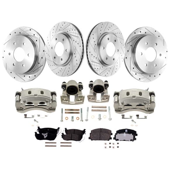 4-Wheel Set Front and Rear Brake Kit With Calipers, Cross-drilled and Slotted 6 Lugs Front-350.01 mm/Rear-320.04 mm Front-Ceramic/Rear-Semi-Metallic, Includes (4) Caliper, (4) Disc and (2) Pad Set
