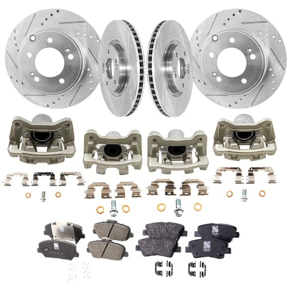 4-Wheel Set Front and Rear Brake Kit With Calipers, Front-Plain Surface/Rear-Cross-drilled and Slotted, 5 Lugs, Front-Ceramic/Rear-Organic, FWD, Includes (4) Caliper, (4) Disc, and (2) Pad Set