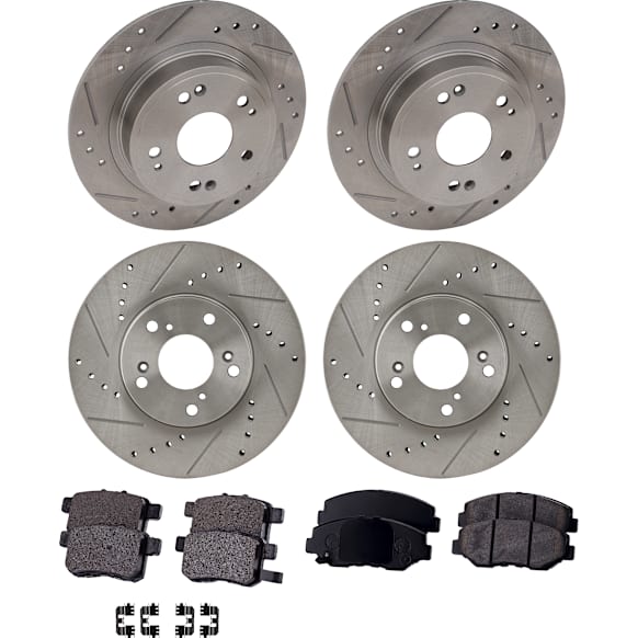 4-Wheel Set Front and Rear Brake Disc and Pad Kit, Cross-drilled and Slotted 5 Lugs Ceramic, Includes (4) Disc and (2) Pad Set