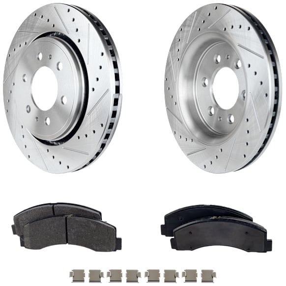 2-Wheel Set Front Brake Disc and Pad Kit, Cross-drilled and Slotted 6 Lugs 350.01 mm Semi-metallic Pro-Line Series, Includes (1) Brake Pad Set and (2) Brake Disc
