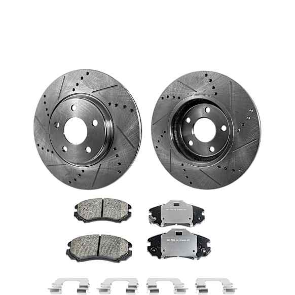 2-Wheel Set Front Brake Disc and Pad Kit, Cross-drilled and Slotted 300 mm Ceramic Pro-Line Series, Includes (2) Brake Disc and (1) Brake Pad Set
