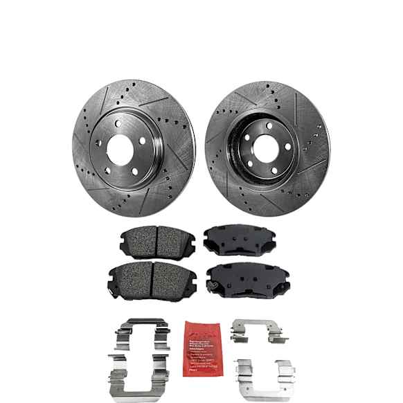 2-Wheel Set Front Brake Disc and Pad Kit, Cross-drilled and Slotted 300 mm Ceramic Pro-Line Series, Includes (2) Brake Disc and (1) Brake Pad Set