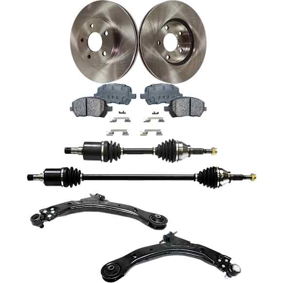 8-Piece Kit Front Axle Assembly, Standard Transmission, 5 Lug, FWD, includes Brake Discs, Brake Pad Sets, and Control Arms