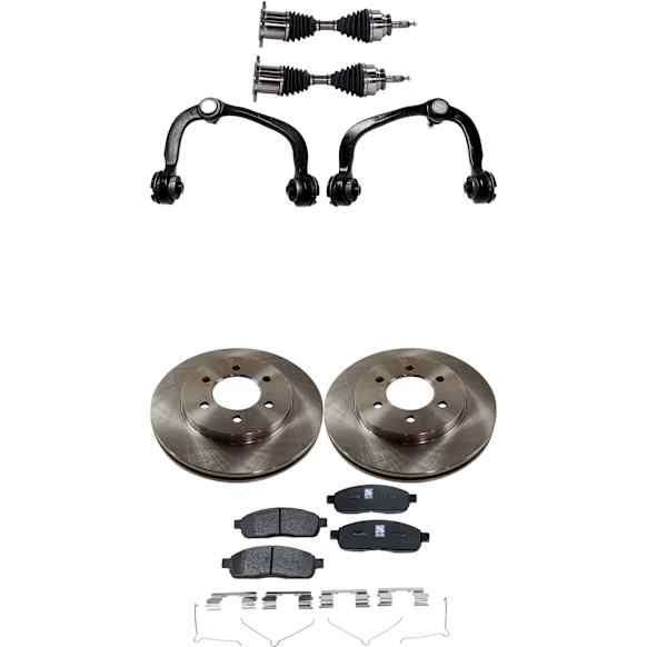 7-Piece Kit Front, Driver and Passenger Side Axle Assembly - New 7-Piece Kit, Includes (1) Brake Pad Set, (2) Control Arm, (2) Axle Assembly and (2) Brake Disc