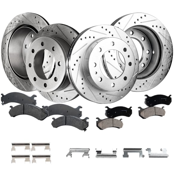4-Wheel Set Front and Rear Brake Disc and Pad Kit, Cross-drilled and Slotted 8 Lugs Front-325 mm/Rear-329.95 mm Ceramic Pro-Line Series, Includes (4) Disc and (2) Pad Set