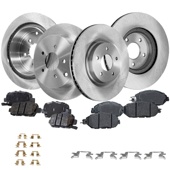2014 Nissan Pathfinder S - 4-Wheel Set Front and Rear Brake Disc and Pad Kit, Plain Surface, 5 Lugs, Front-320.04 mm/Rear-308 mm, Ceramic, engdesig: VQ35DE, Naturally Aspirated, GAS, Nissan Engine, 3.5L 6Cyl, Pro-Line Series Includes (4) Disc and (2) Pad Set
