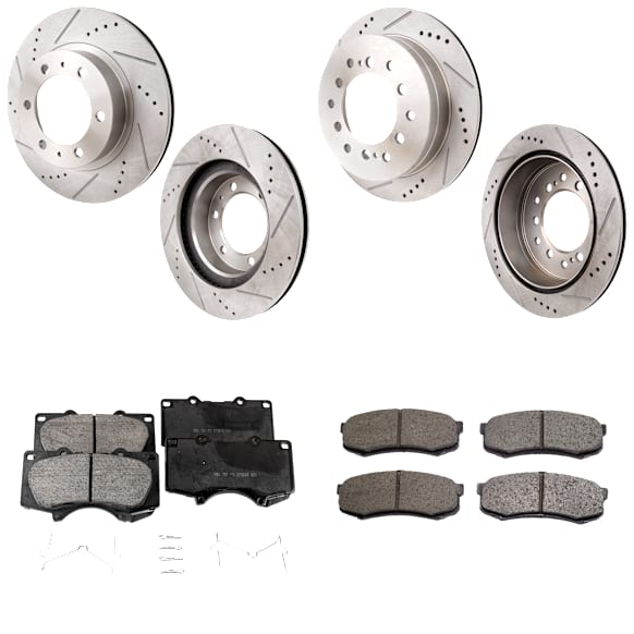 4-Wheel Set Front and Rear Brake Disc and Pad Kit, Cross-drilled and Slotted 6 Lugs Front-318.9 mm/Rear-311.91 mm Ceramic Pro-Line Series, Includes (2) Brake Pad Set and (4) Brake Disc