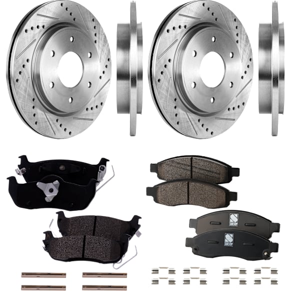 4-Wheel Set Front and Rear Brake Disc and Pad Kit, Cross-drilled and Slotted 6 Lugs Front and Rear-320.04 mm Front-Ceramic/Rear-Semi-Metallic Pro-Line Series, Includes (2) Pad Set and (4) Disc