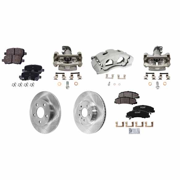 4-Wheel Set Front and Rear Brake Kit With Calipers, Plain Surface, 5 Lugs, Ceramic Pad Material, Includes (4) Caliper, (4) Disc, and (2) Pad Set