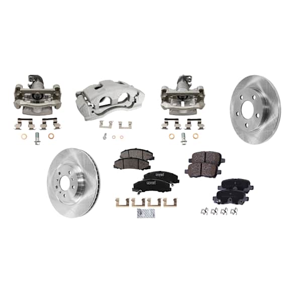 4-Wheel Set Front and Rear Brake Kit With Calipers, Plain Surface, 5 Lugs, Ceramic Pad Material, Includes (4) Caliper, (4) Disc, and (2) Pad Set