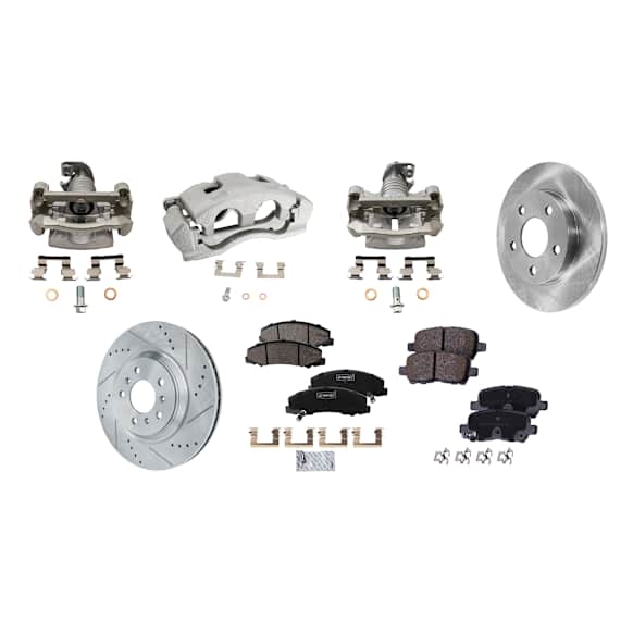 4-Wheel Set Front and Rear Brake Kit With Calipers, Front-Cross-drilled and Slotted/Rear-Plain Surface 5 Lugs Front-323 mm/Rear-270 mm Ceramic FWD, Includes (4) Caliper, (4) Disc, and (2) Pad Set