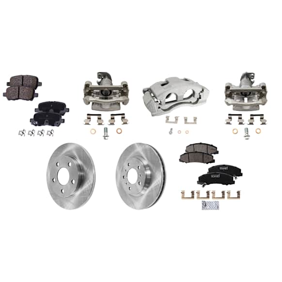 4-Wheel Set Front and Rear Brake Kit With Calipers, Plain Surface, 5 Lugs, Ceramic Pad Material, Includes (4) Caliper, (4) Disc, and (2) Pad Set