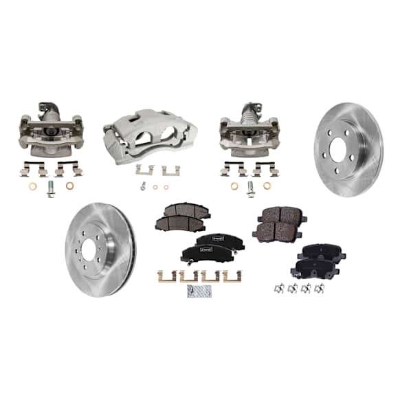 4-Wheel Set Front and Rear Brake Kit With Calipers, Plain Surface, 5 Lugs, Ceramic Pad Material, Includes (4) Caliper, (4) Disc, and (2) Pad Set