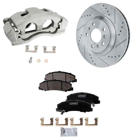 2-Wheel Set Front Brake Kit With Calipers, Cross-drilled and Slotted 5 Lugs 323 mm Ceramic FWD, Includes (2) Caliper, (2) Disc, and (1) Pad Set