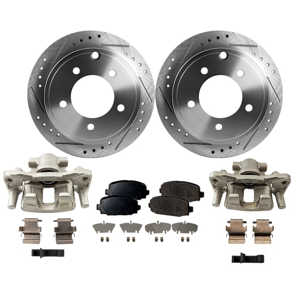 2-Wheel Set Rear Brake Kit With Calipers, Cross-drilled and Slotted 5 Lugs 262 mm Ceramic, Includes (2) Brake Caliper, (2) Brake Disc and (1) Brake Pad Set
