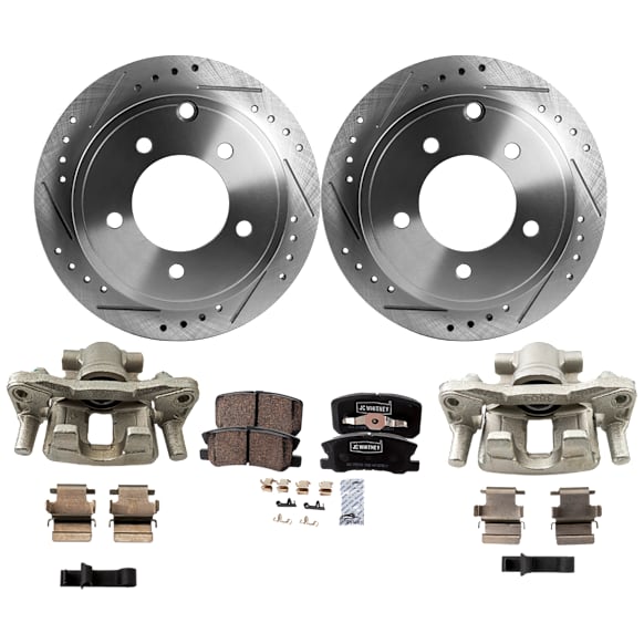 2-Wheel Set Rear Brake Kit With Calipers, Cross-drilled and Slotted 5 Lugs 262 mm Ceramic, Includes (2) Caliper, (2) Disc, and (1) Pad Set