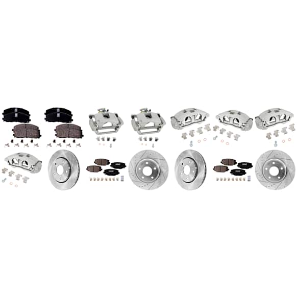 4-Wheel Set Front and Rear Brake Kit With Calipers, Front-Plain Surface/Rear-Cross-drilled and Slotted 5 Lugs Front-302.01 mm/Rear-327.91mm Ceramic FWD, Includes (4) Caliper, (4) Disc, and (2) Pad Set
