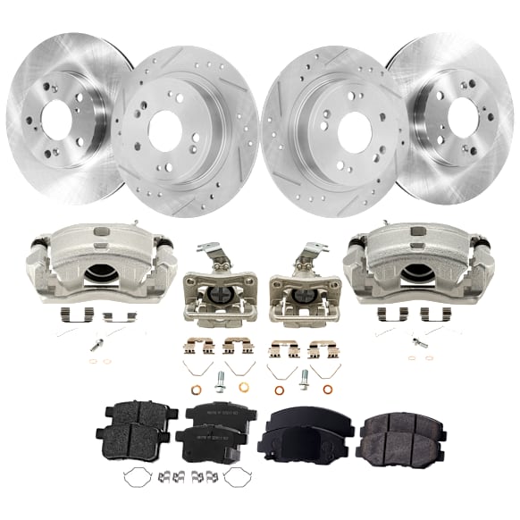 4-Wheel Set Front and Rear Brake Kit With Calipers, Front-Plain Surface/Rear-Cross-drilled and Slotted 5 Lugs Front-281.94 mm/Rear-281.69 mm Ceramic FWD, Includes (4) Caliper, (4) Disc and (2) Pad Set