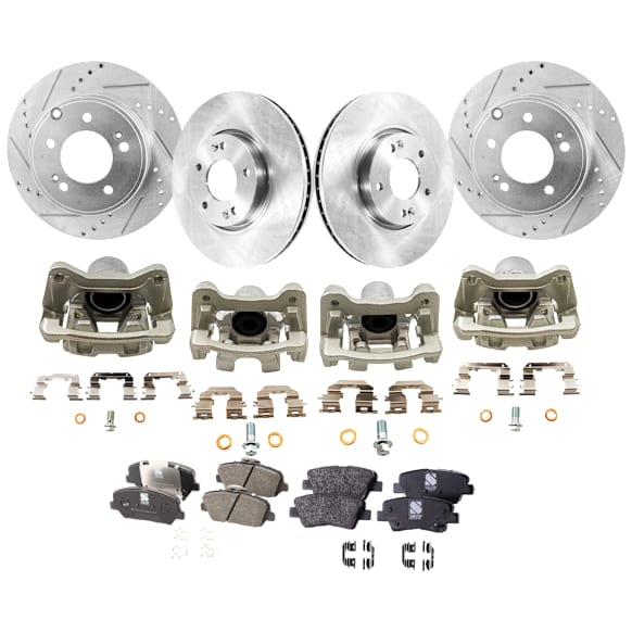 4-Wheel Set Front and Rear Brake Kit With Calipers, Front-Plain Surface/Rear-Cross-drilled and Slotted, 5 Lugs, Front-Ceramic/Rear-Organic, FWD, Includes (4) Caliper, (4) Disc and (2) Pad Set