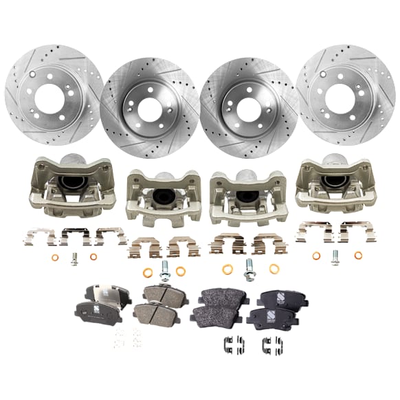 4-Wheel Set Front and Rear Brake Kit With Calipers, Cross-drilled and Slotted 5 Lugs Front-300 mm/Rear-282.96 mm Front-Ceramic/Rear-Organic FWD, Includes (4) Caliper, (4) Disc and (2) Pad Set