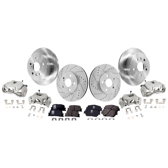 4-Wheel Set Front and Rear Brake Kit With Calipers, Front-Cross-drilled and Slotted/Rear-Plain Surface 5 Lugs Front-296 mm/Rear-268.99 mm Ceramic FWD, Includes (4) Caliper, (4) Disc and (2) Pad Set