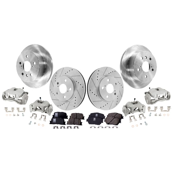 4-Wheel Set Front and Rear Brake Kit With Calipers, Front-Cross-drilled and Slotted/Rear-Plain Surface 5 Lugs Front-296 mm/Rear-268.99 mm Ceramic FWD, Includes (4) Caliper, (4) Disc and (2) Pad Set