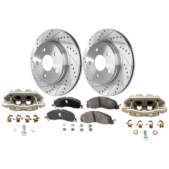 2-Wheel Set Front Brake Kit With Calipers, Cross-drilled and Slotted 5 Lugs 335.79 mm Semi-metallic RWD, Includes (2) Brake Caliper, (2) Brake Disc and (1) Brake Pad Set